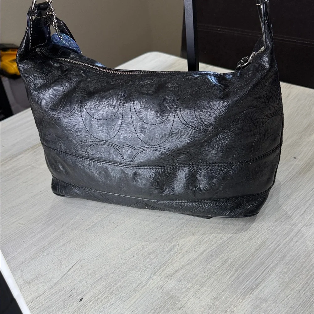 Coach Black Signature Stripe Stitched Leather Hobo Bag with Silver Accents